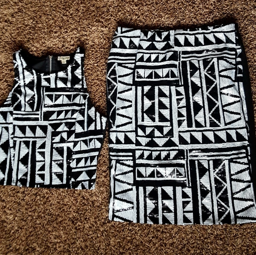 Sequin Aztec Geoprint Top and Skirt